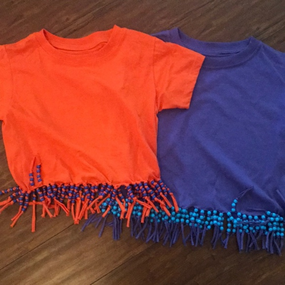 2 Handmade Pony Bead Fringe T-Shirts Orange Purple